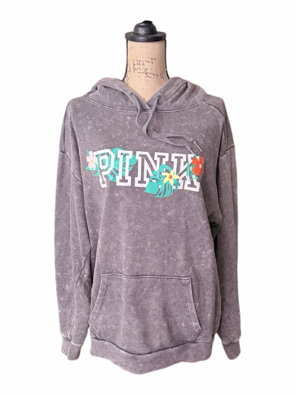 PINK Victoria's Secret Mineral-Wash Gray Hoodie with Tropical Floral Logo